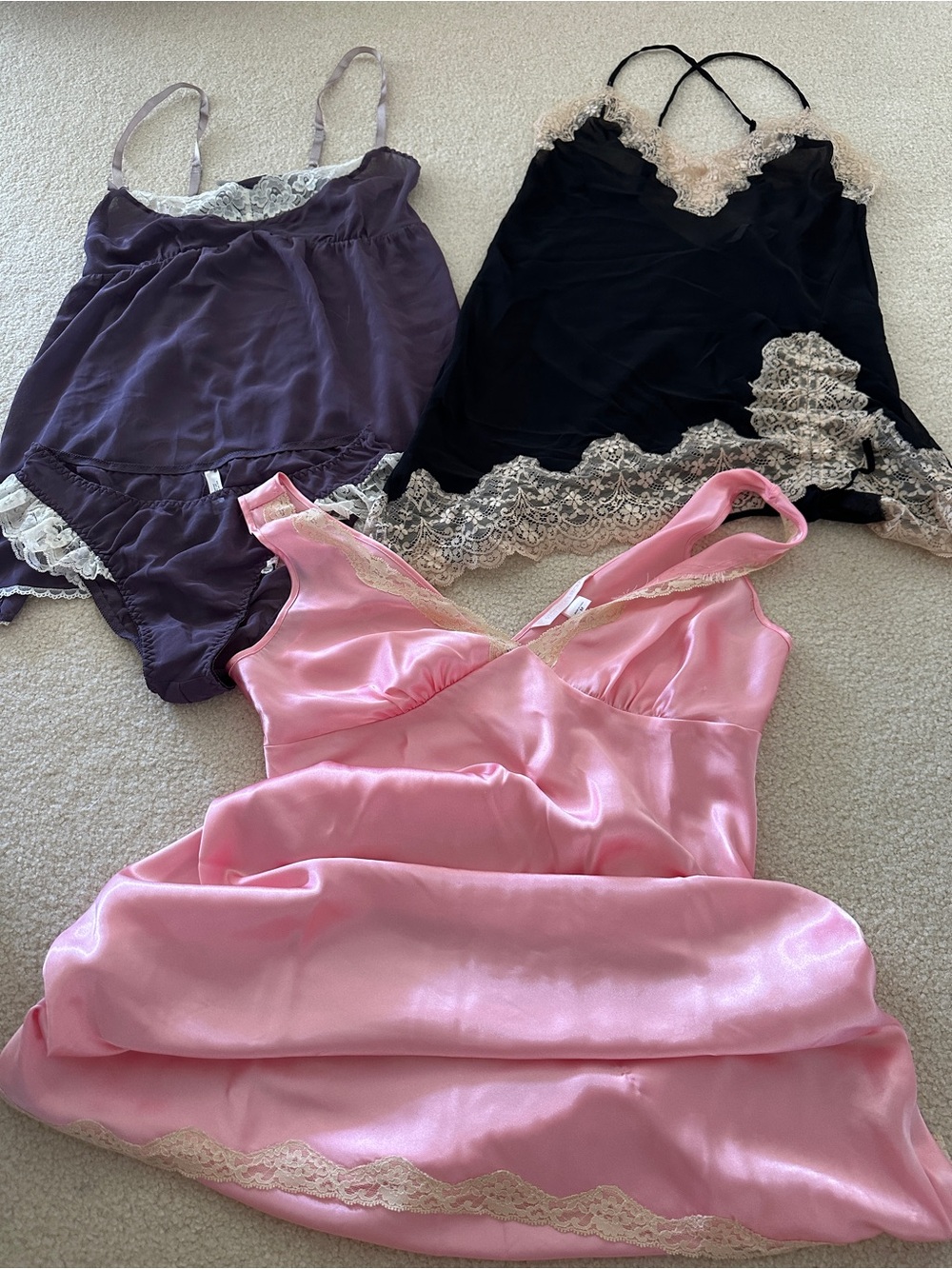 Victoria's Secret Pink Satin Lace Trim Slip + Two Lace-Trim Camisoles